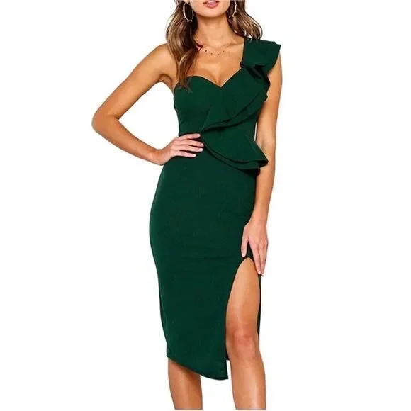 Dresses | Womens One Shoulder Sleeveless Ruffle Knee Length Midi Side Slit  Dress Green Lg | Poshmark